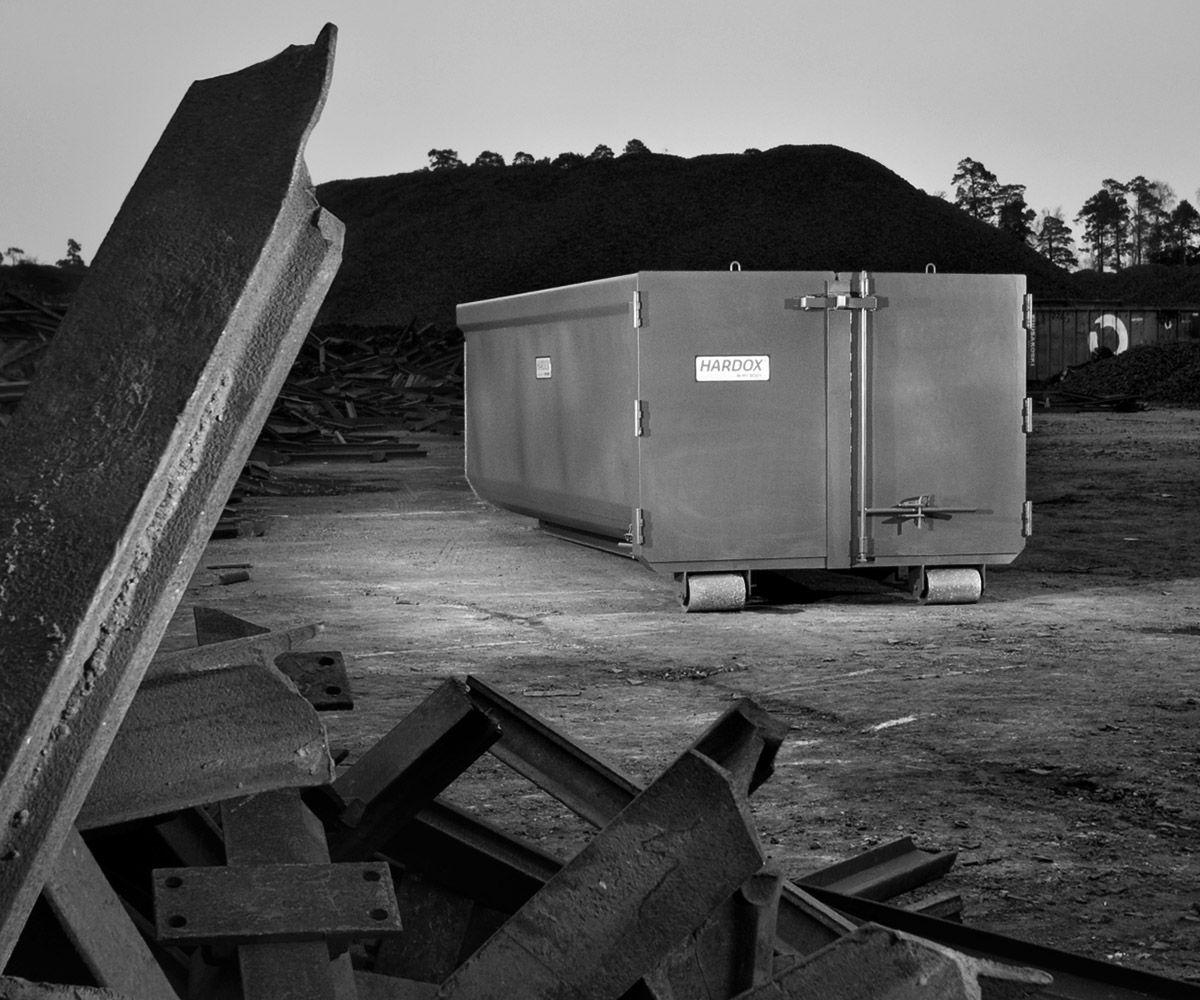 Black and white image if a Hardox In My Body container.